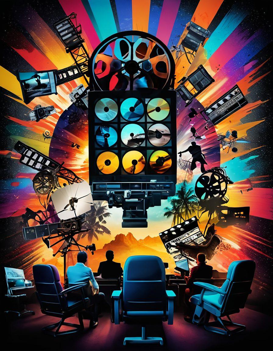 A vibrant collage depicting the journey of filmmaking, featuring a film reel unwinding across a dynamic landscape, surrounded by cinematic elements like director's chairs, clapperboards, and iconic film scenes. Include an audience captivated by a large screen, enjoying the magic of movies. Emphasize the transformation from scripts to vivid screen images. Colorful and energetic ambiance. super-realistic. vibrant colors.