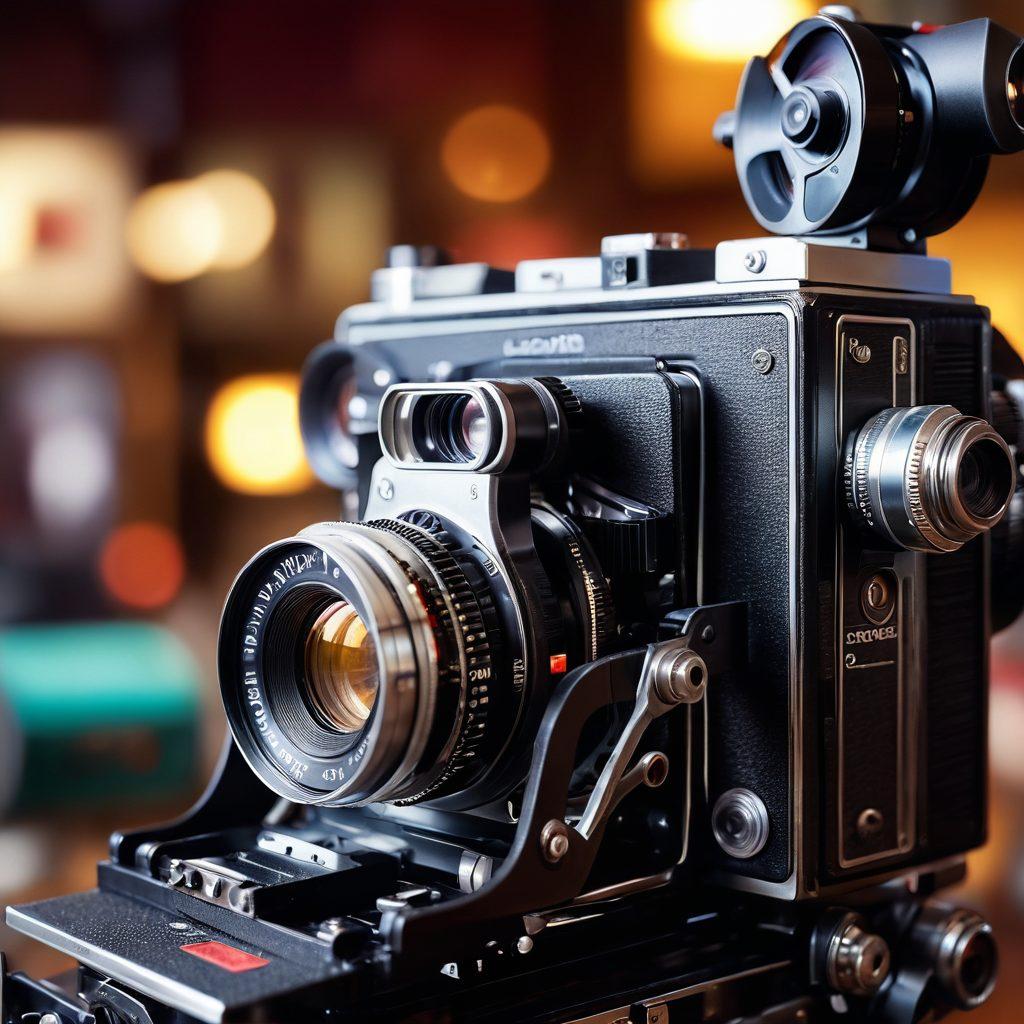 A close-up view of a vintage film camera with film reels and a soft focus background of a bustling film set, showcasing directors and crew in action. The camera lens reflects snippets of iconic movie scenes, indicating innovation in the industry. Incorporate vibrant colors and dynamic lighting to suggest movement and creativity. super-realistic. cinematic style.