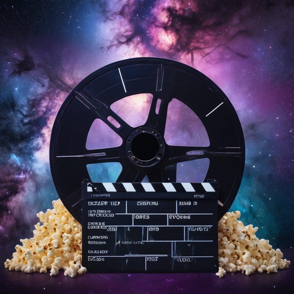 A dynamic film reel spiraling through a galaxy of iconic movie scenes, with vibrant stars and cinematic elements like popcorn and clapperboards swirling around it. The background features a majestic nebula in deep blues and purples, hinting at the vastness of the film universe. Overlay with subtle industry insights like film scripts and awards. cinematic art. vibrant colors. cosmic theme. 3D.